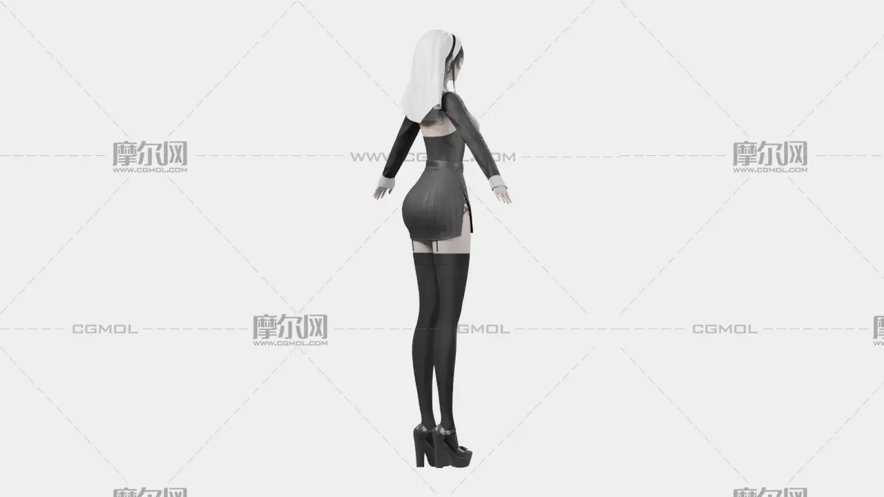 黑发黑白哥特女性角色,带骨骼绑定