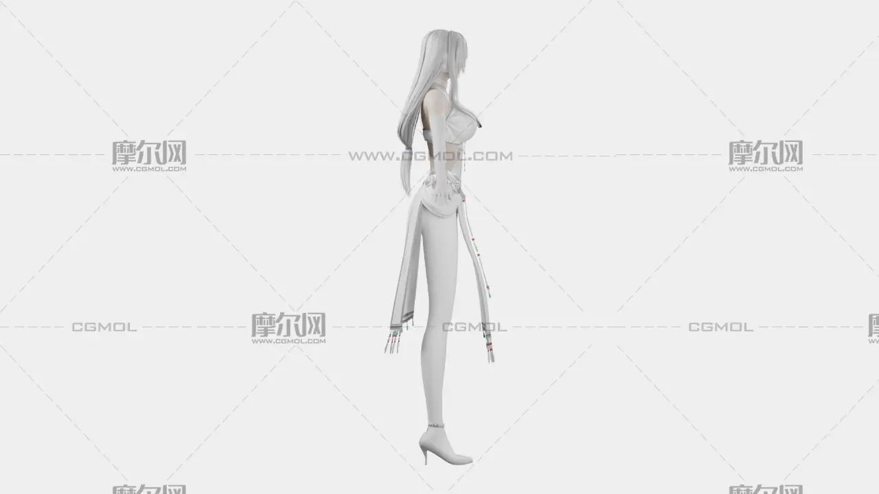 银白长发遮眼白裙幻想女性角色,带骨骼绑定