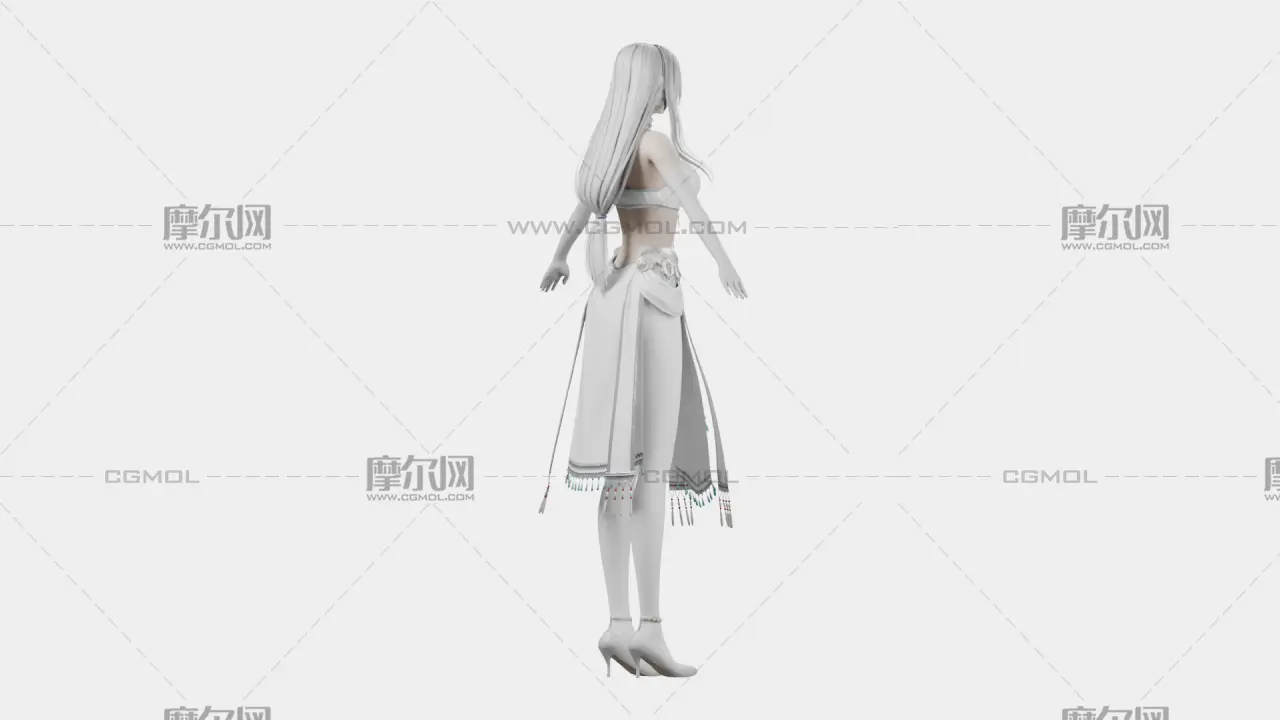 银白长发遮眼白裙幻想女性角色,带骨骼绑定