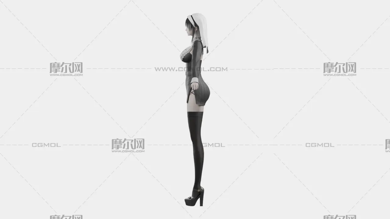 黑发黑白哥特女性角色,带骨骼绑定