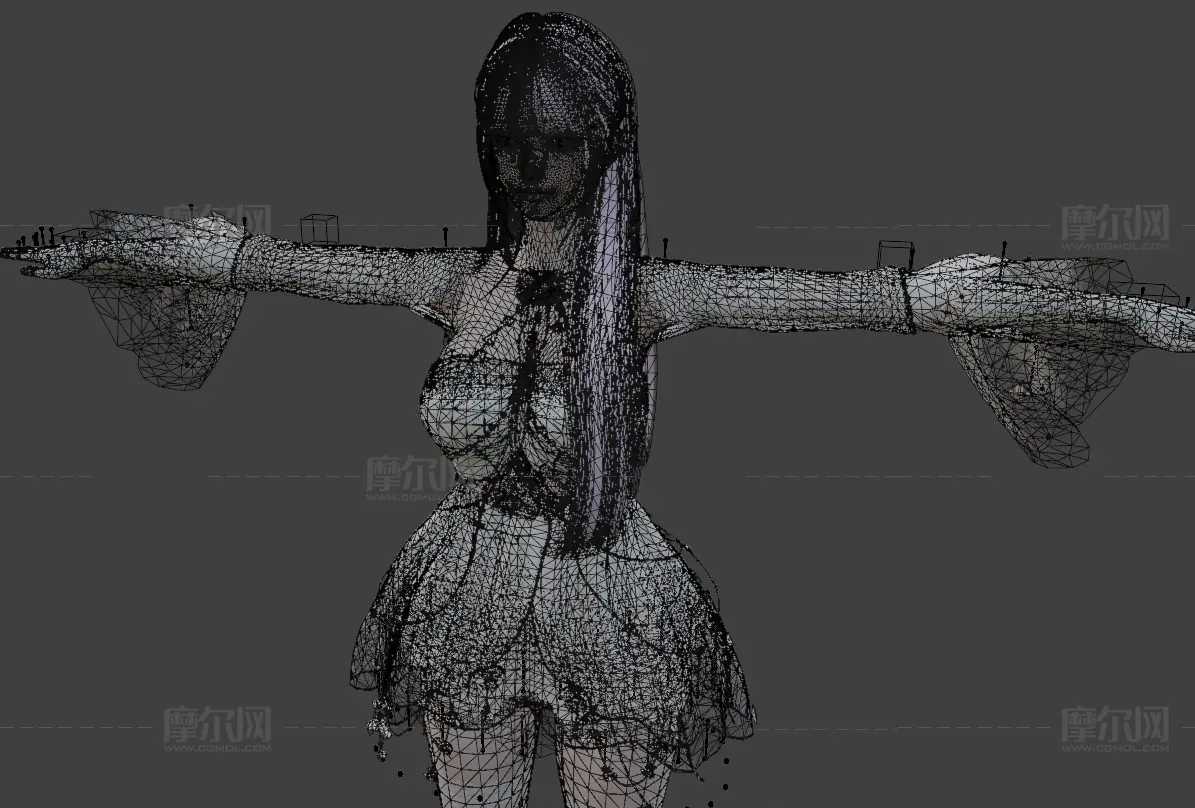 浅紫长发花饰白裙女孩,带骨骼绑定