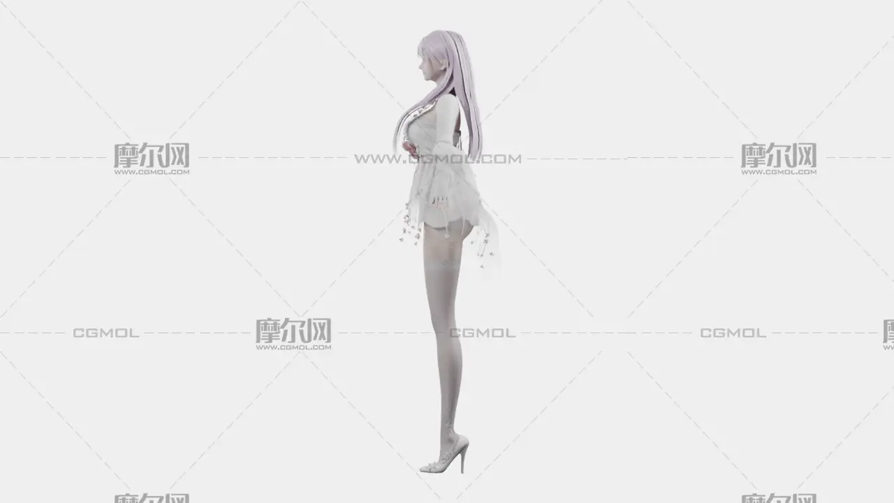 浅紫长发花饰白裙女孩,带骨骼绑定