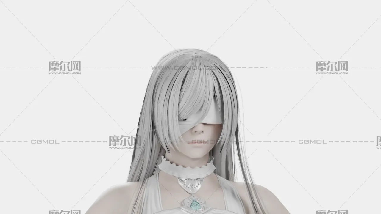 银白长发遮眼白裙幻想女性角色,带骨骼绑定