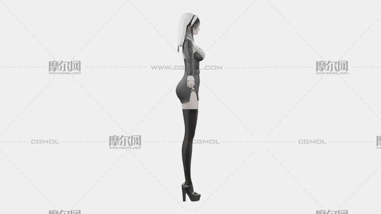 黑发黑白哥特女性角色,带骨骼绑定