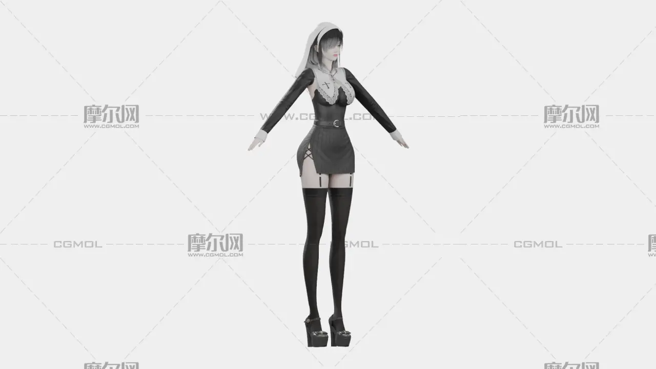 黑发黑白哥特女性角色,带骨骼绑定