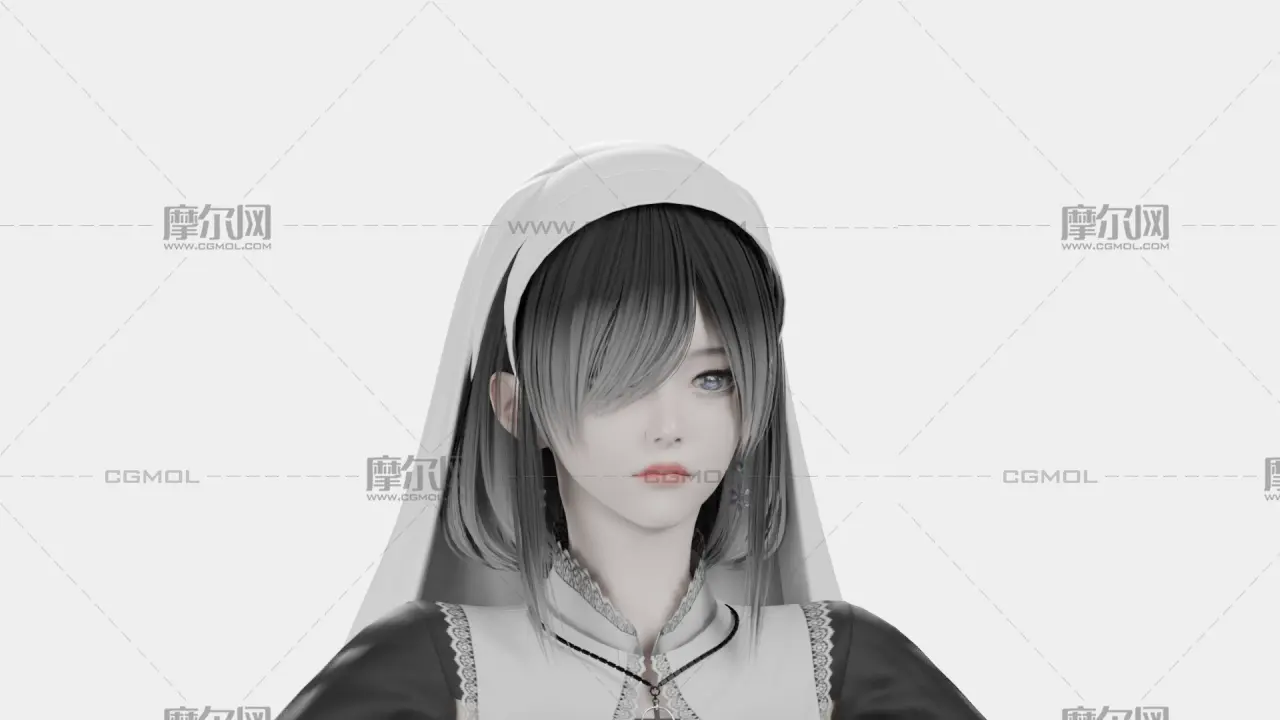 黑发黑白哥特女性角色,带骨骼绑定