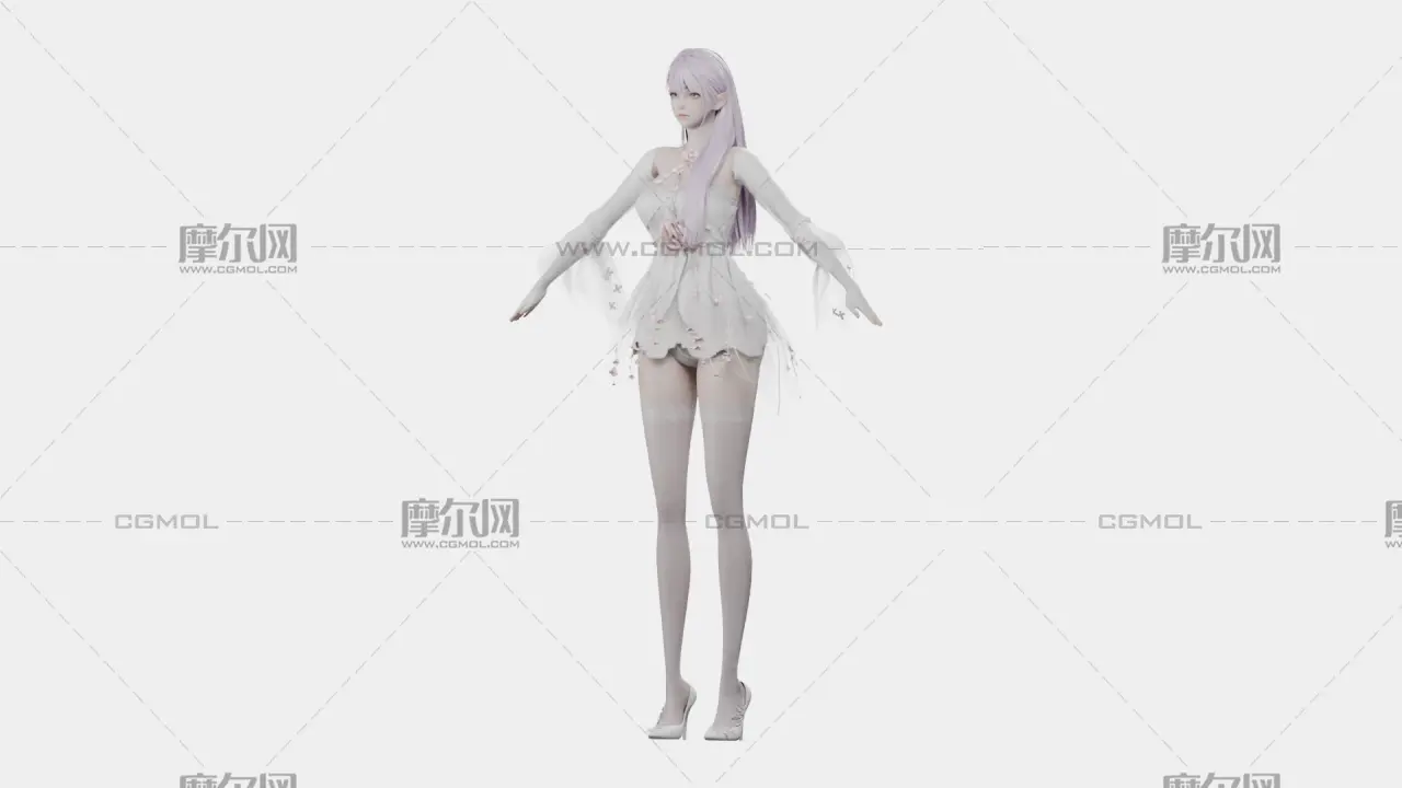 浅紫长发花饰白裙女孩,带骨骼绑定
