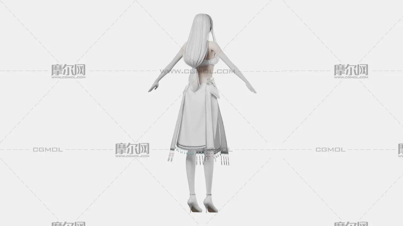 银白长发遮眼白裙幻想女性角色,带骨骼绑定