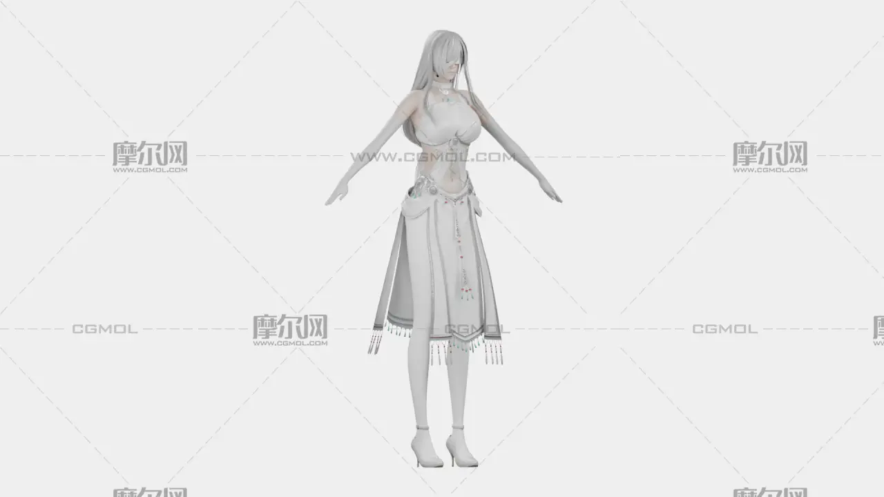 银白长发遮眼白裙幻想女性角色,带骨骼绑定