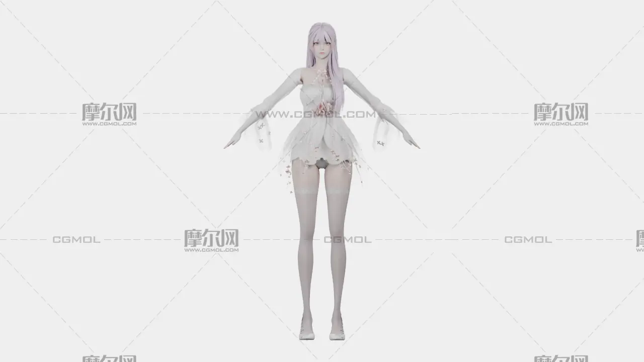 浅紫长发花饰白裙女孩,带骨骼绑定
