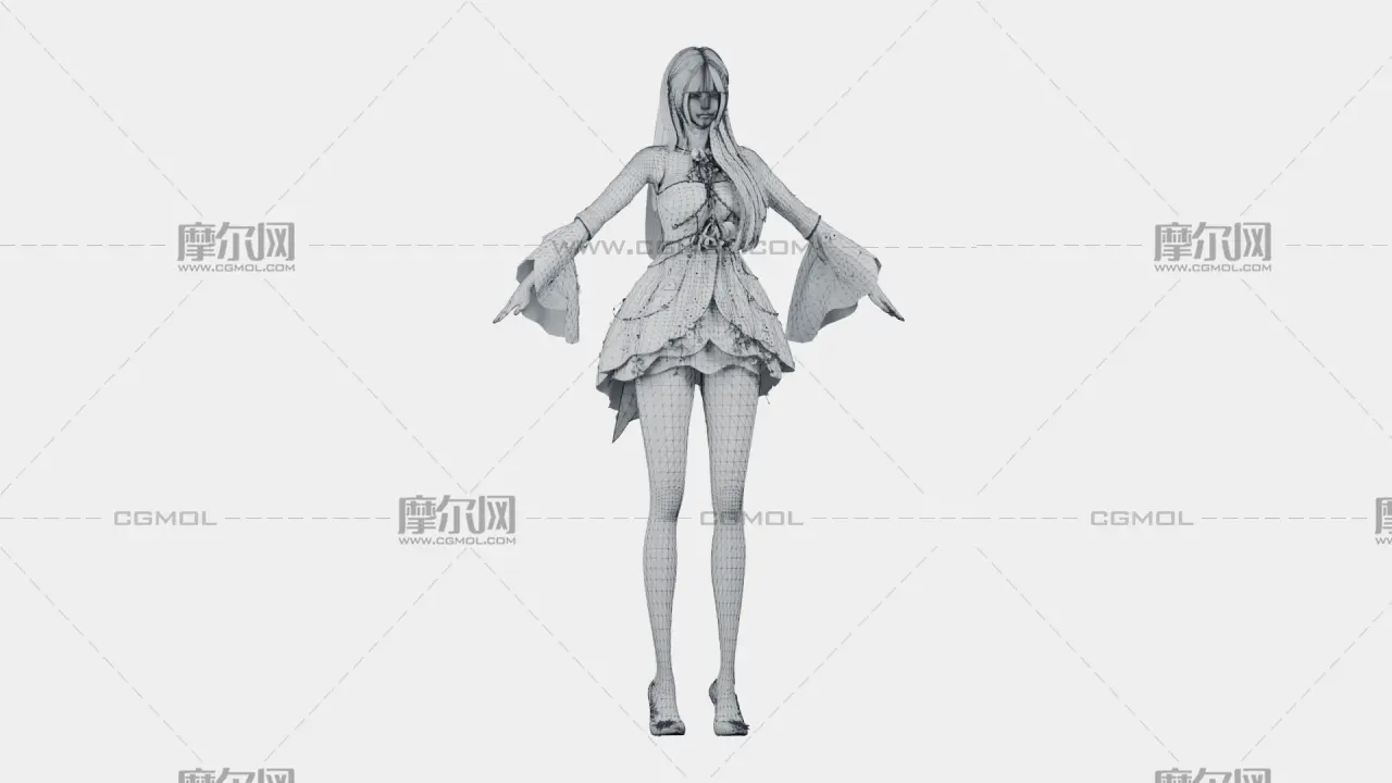 浅紫长发花饰白裙女孩,带骨骼绑定