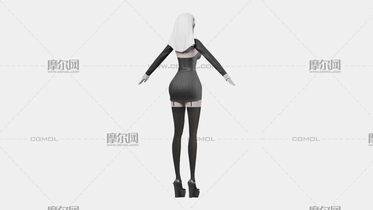 黑发黑白哥特女性角色,带骨骼绑定
