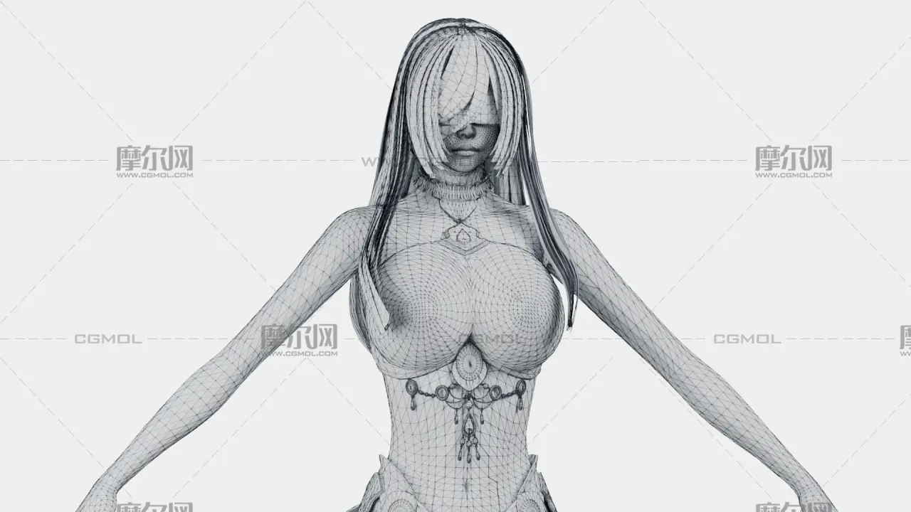 银白长发遮眼白裙幻想女性角色,带骨骼绑定