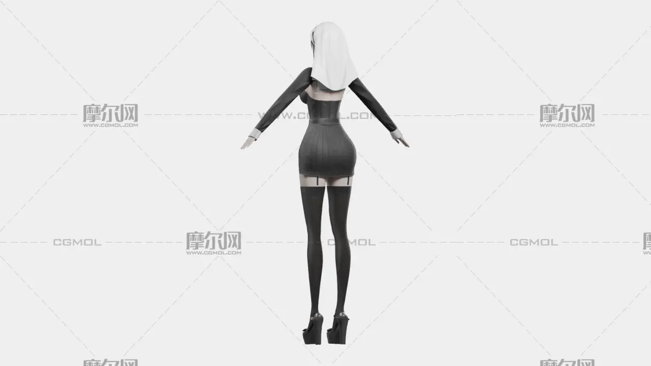 黑发黑白哥特女性角色,带骨骼绑定
