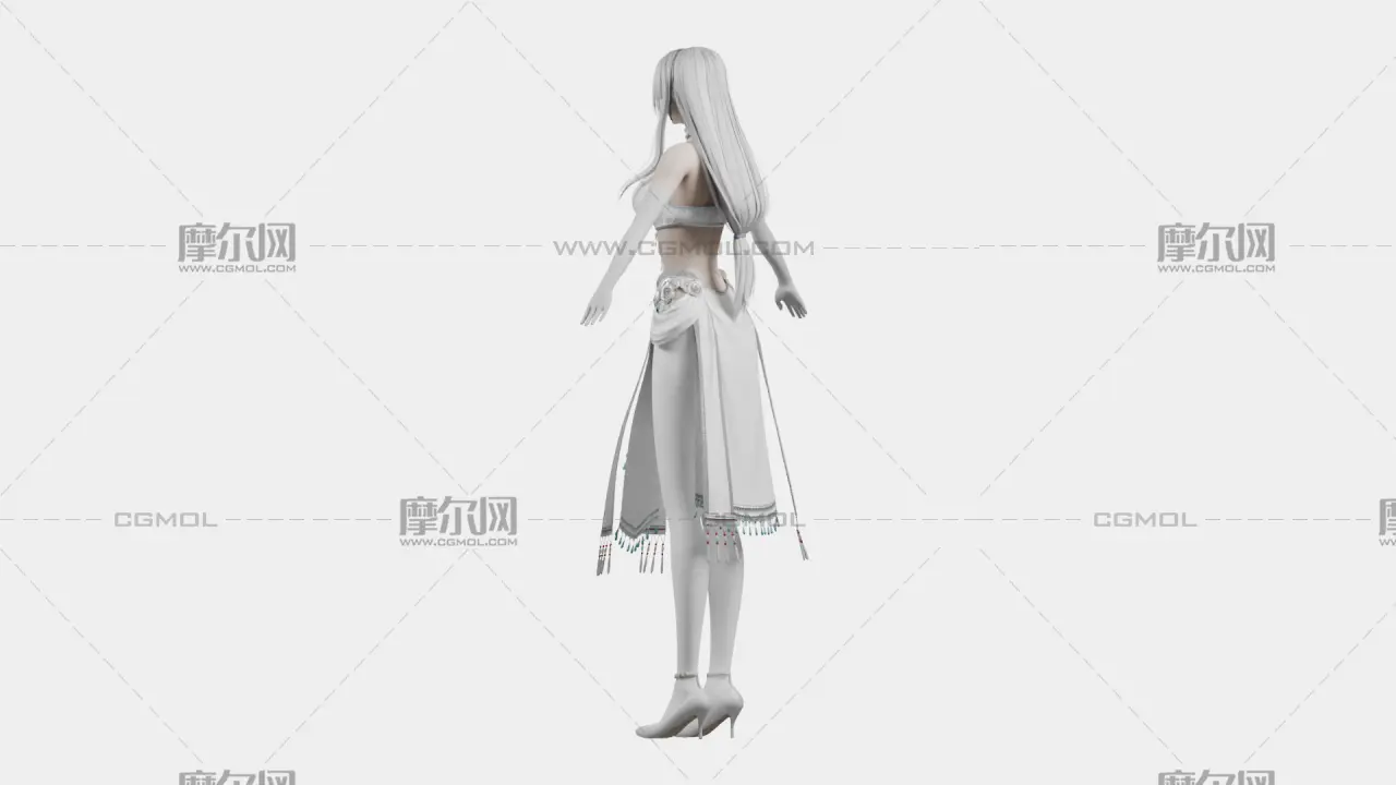 银白长发遮眼白裙幻想女性角色,带骨骼绑定