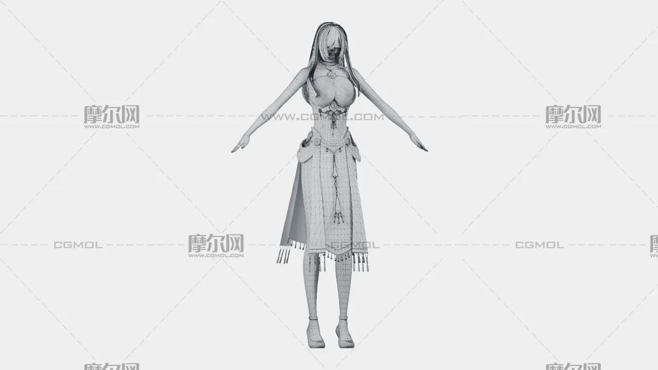 银白长发遮眼白裙幻想女性角色,带骨骼绑定