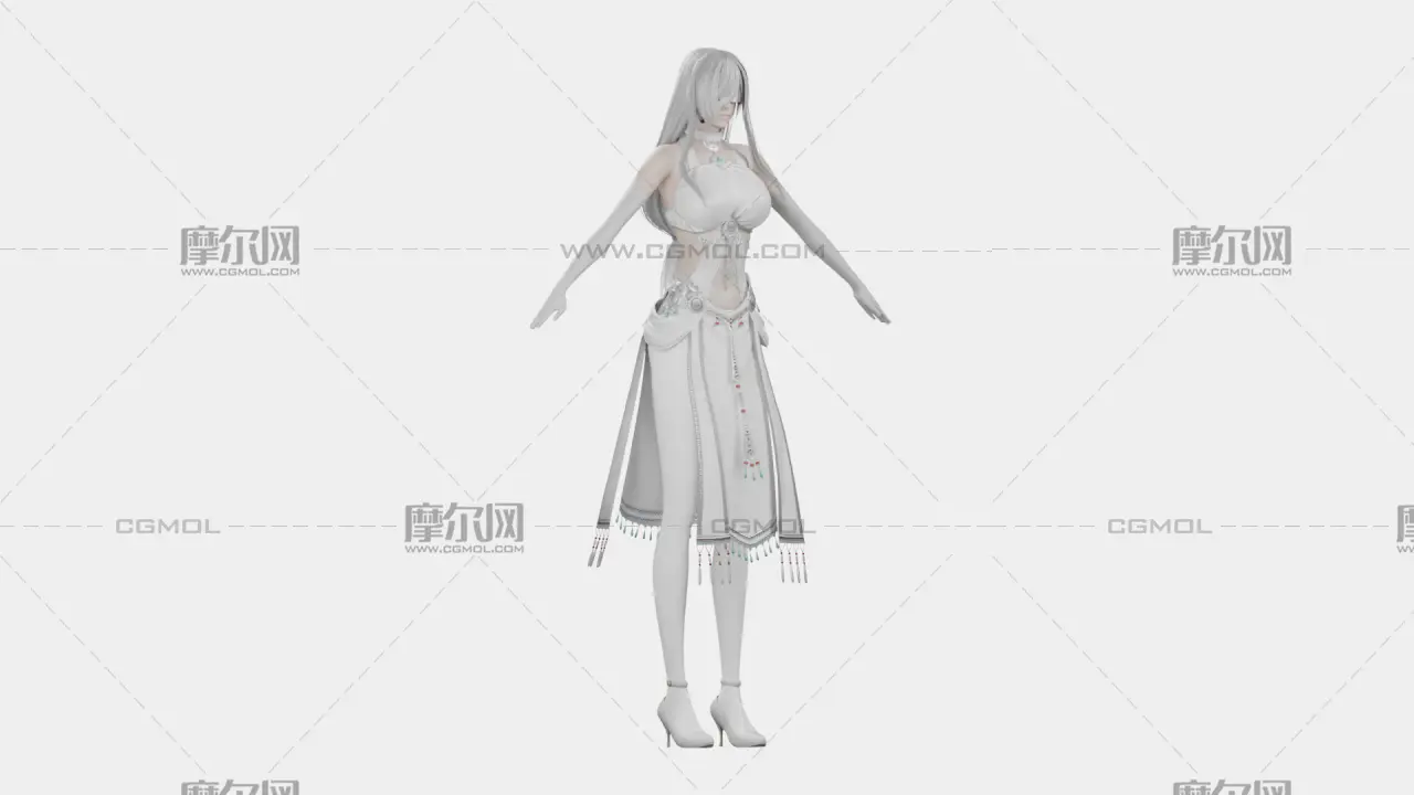 银白长发遮眼白裙幻想女性角色,带骨骼绑定