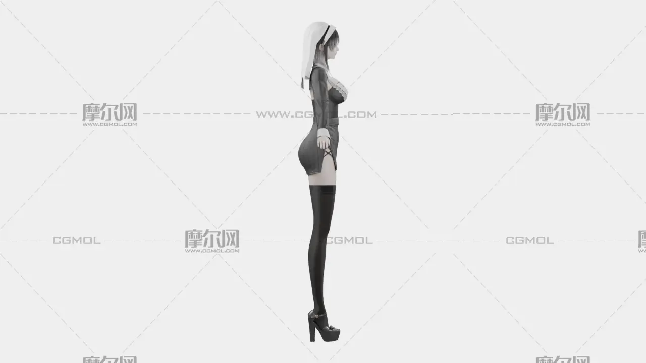 黑发黑白哥特女性角色,带骨骼绑定