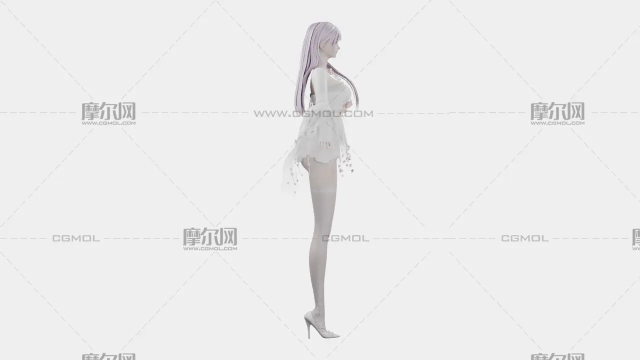 浅紫长发花饰白裙女孩,带骨骼绑定