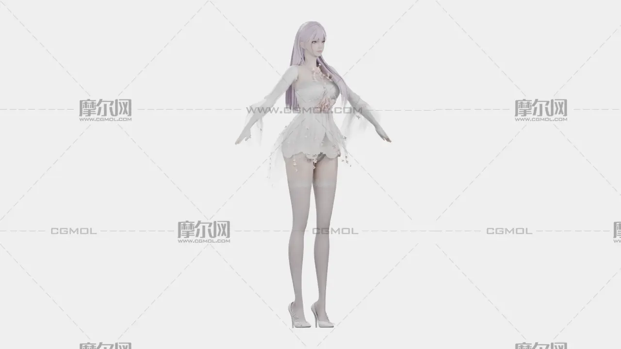 浅紫长发花饰白裙女孩,带骨骼绑定