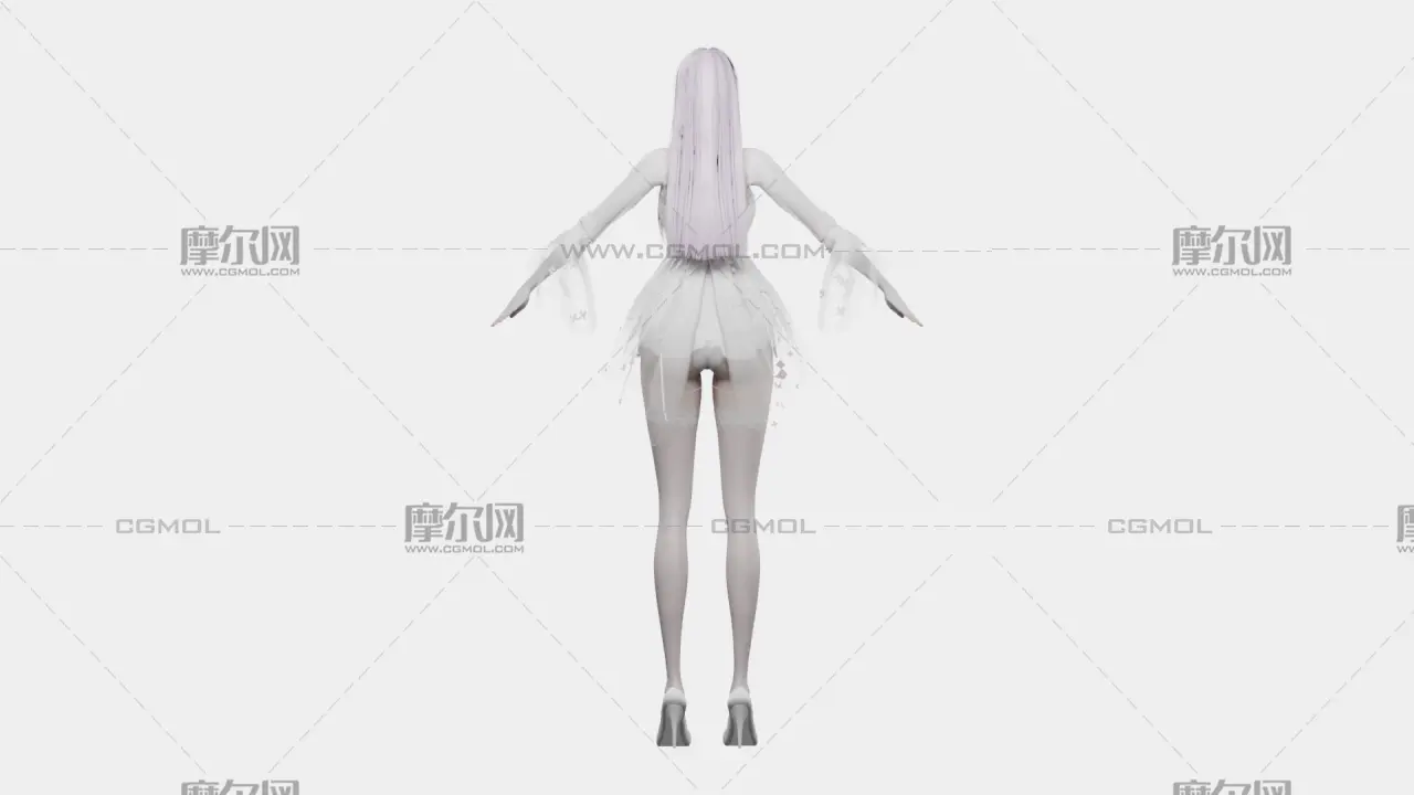 浅紫长发花饰白裙女孩,带骨骼绑定