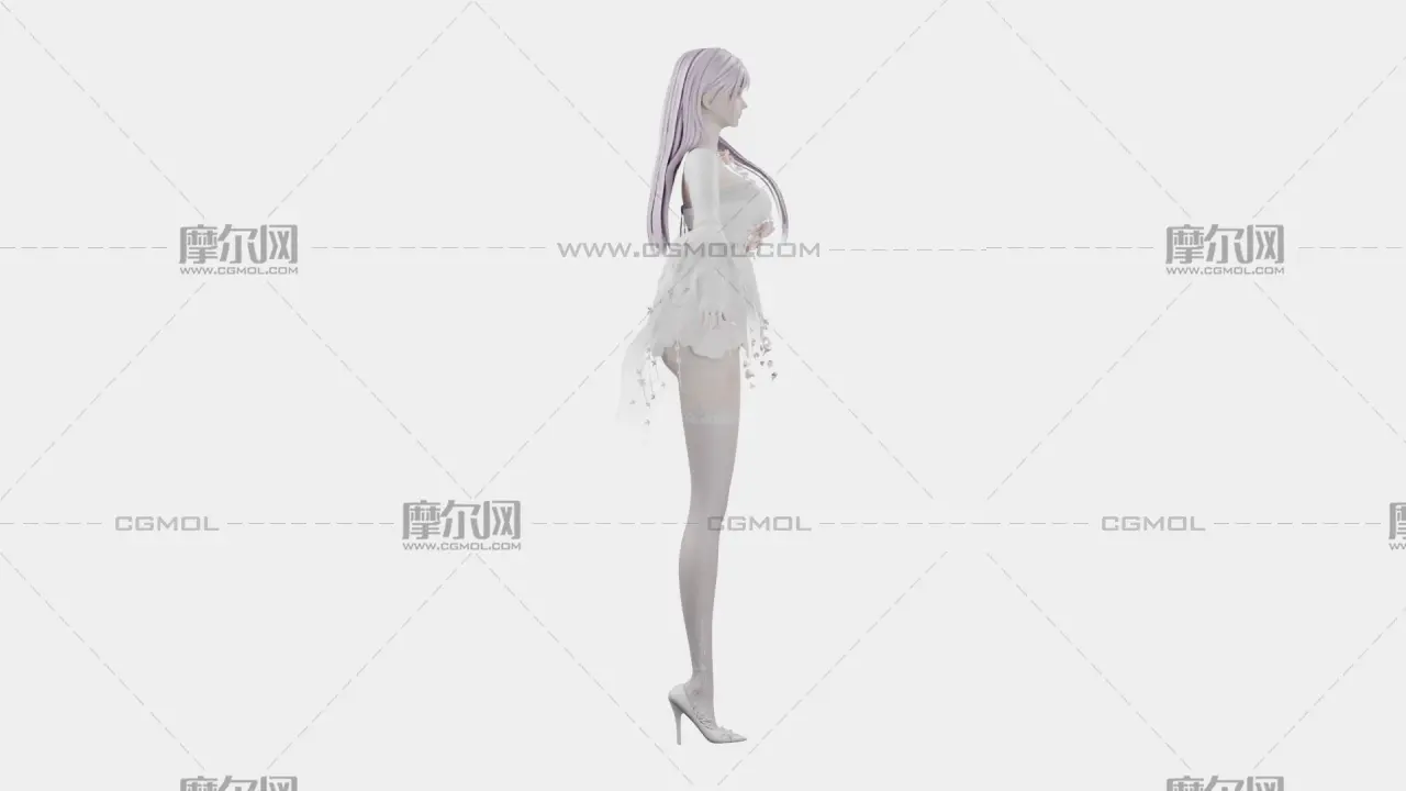 浅紫长发花饰白裙女孩,带骨骼绑定