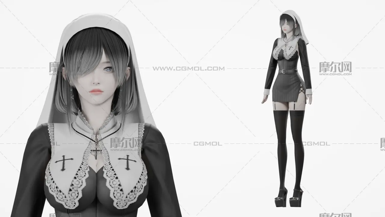 黑发黑白哥特女性角色,带骨骼绑定
