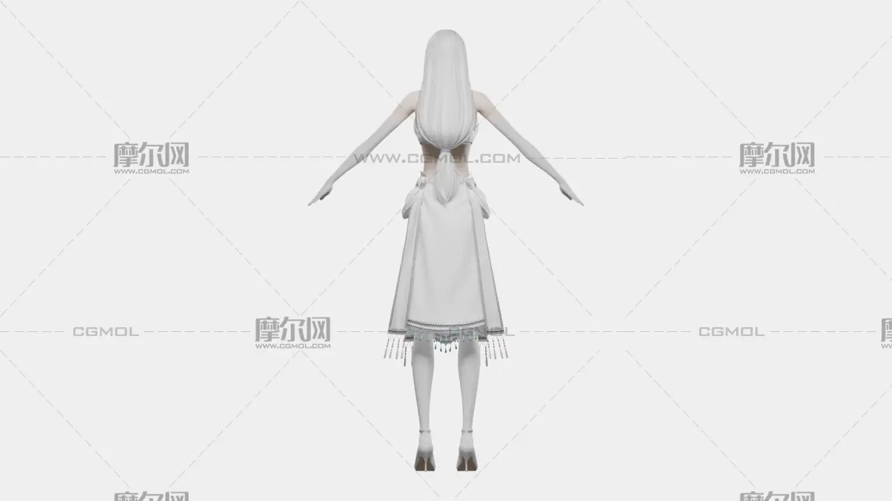 银白长发遮眼白裙幻想女性角色,带骨骼绑定