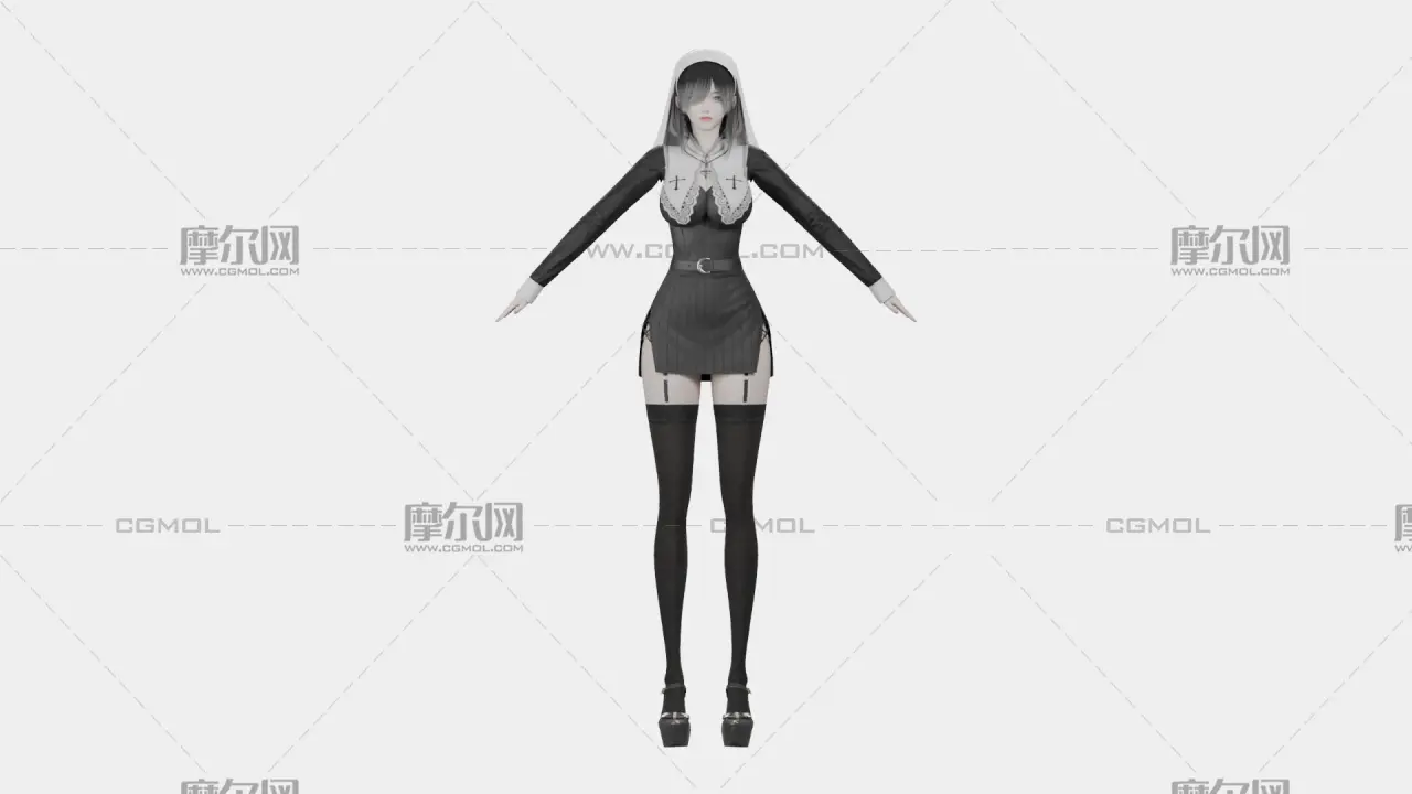 黑发黑白哥特女性角色,带骨骼绑定
