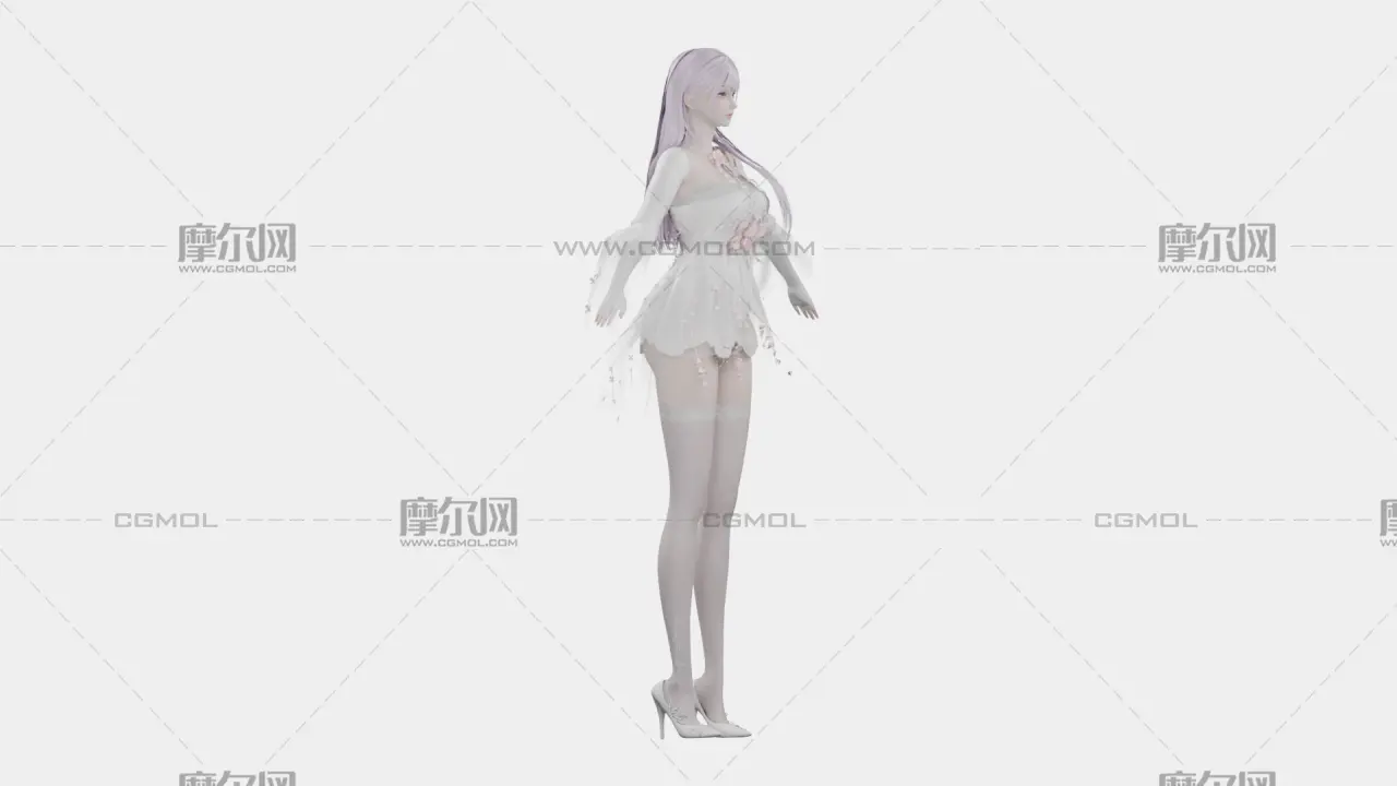 浅紫长发花饰白裙女孩,带骨骼绑定