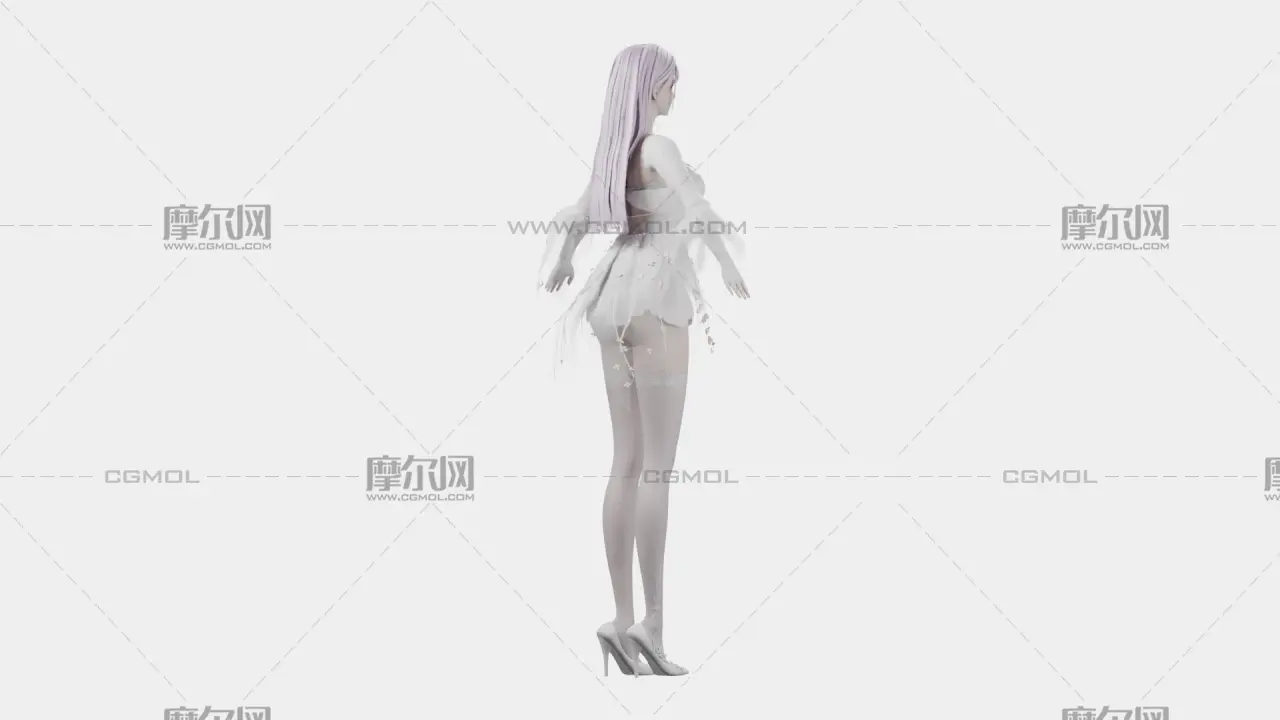 浅紫长发花饰白裙女孩,带骨骼绑定