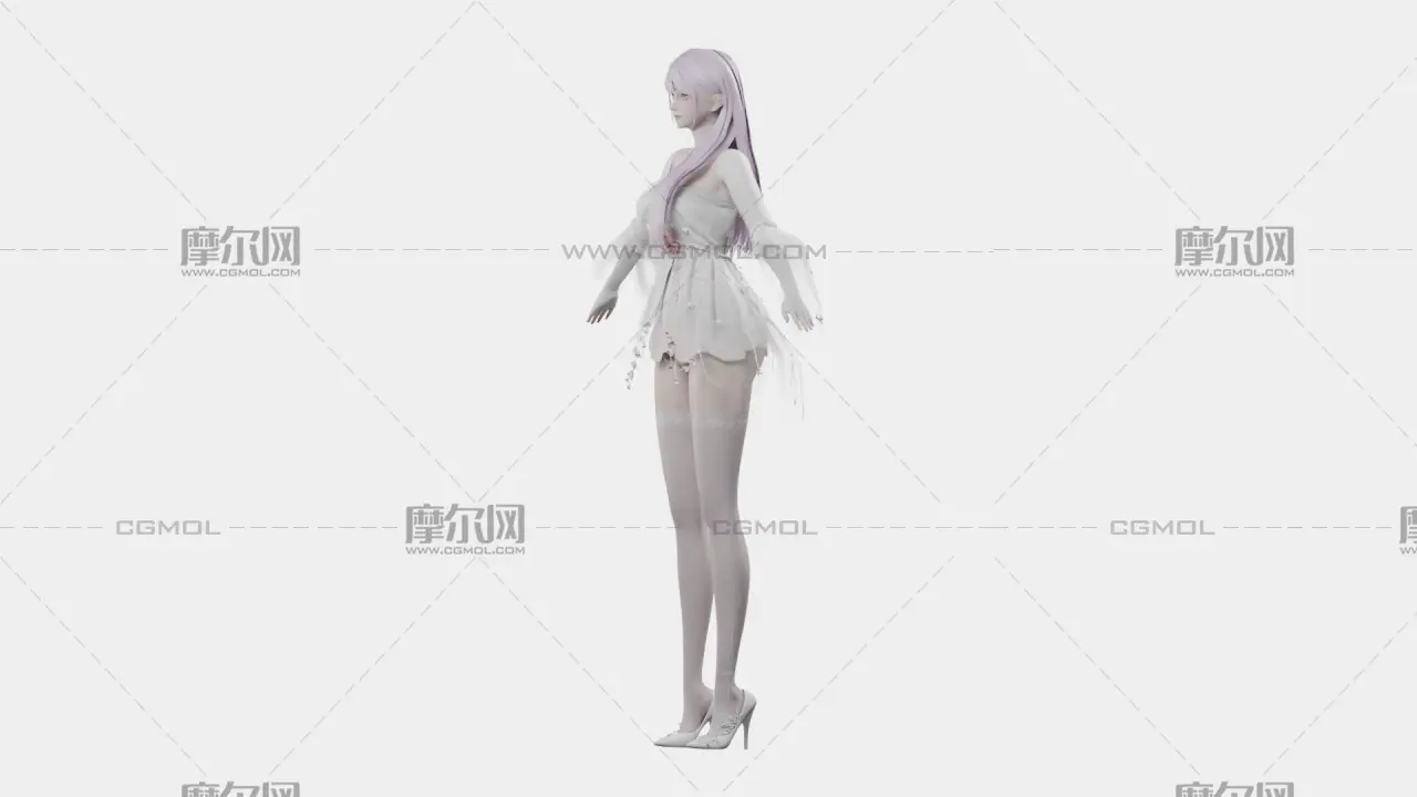 浅紫长发花饰白裙女孩,带骨骼绑定