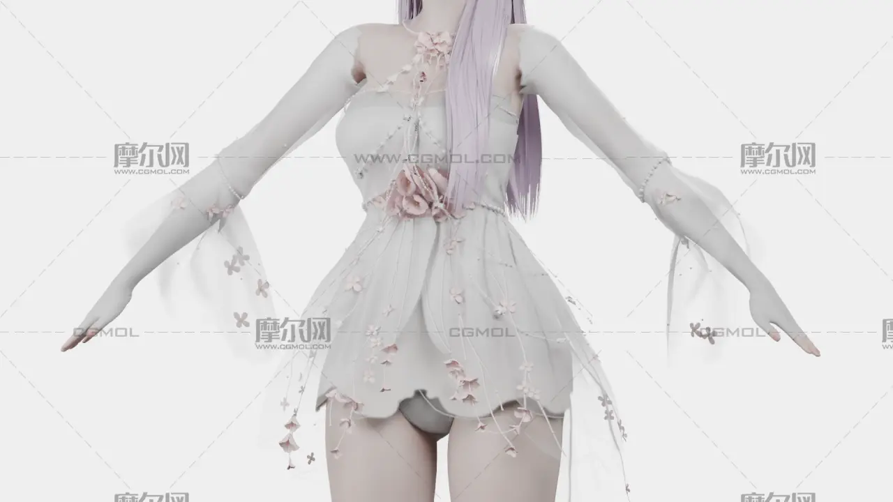 浅紫长发花饰白裙女孩,带骨骼绑定