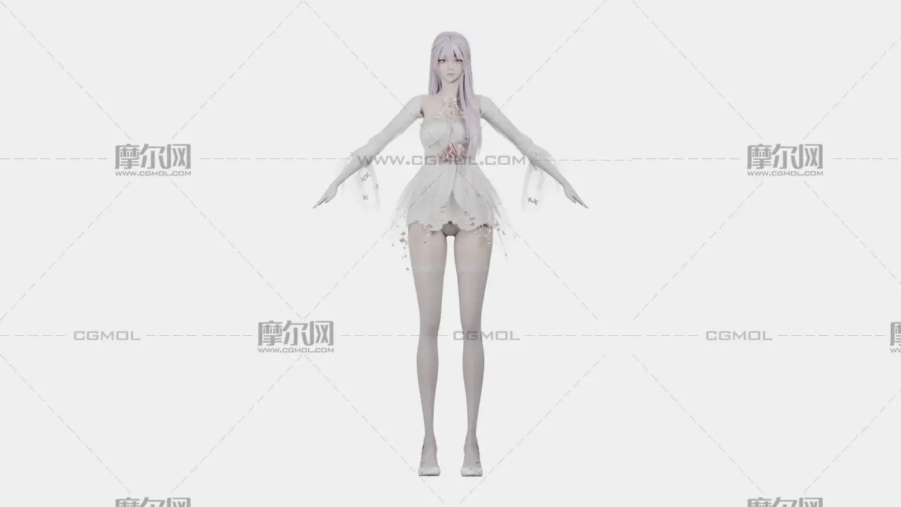 浅紫长发花饰白裙女孩,带骨骼绑定