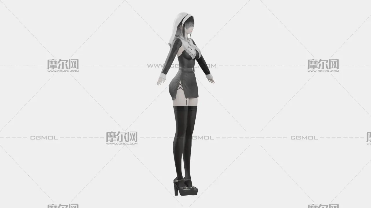 黑发黑白哥特女性角色,带骨骼绑定
