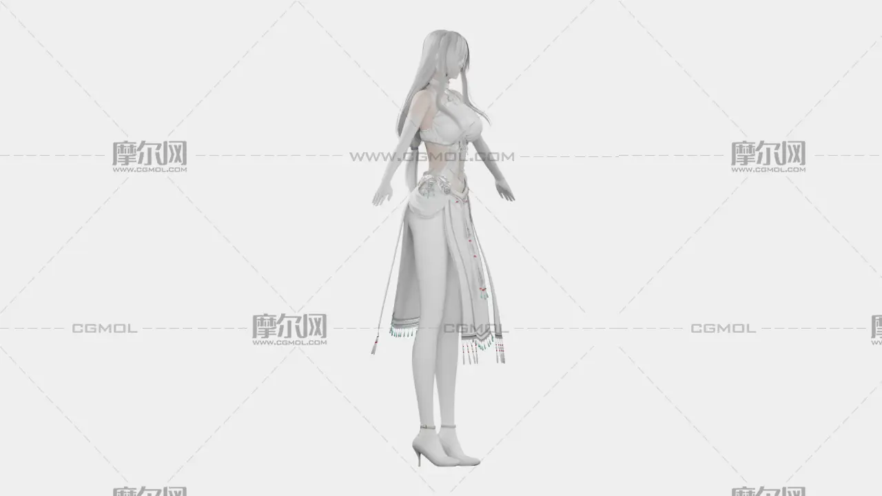 银白长发遮眼白裙幻想女性角色,带骨骼绑定