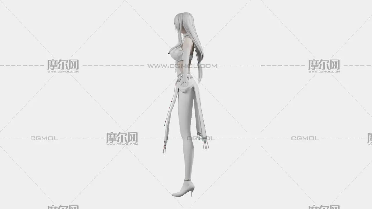 银白长发遮眼白裙幻想女性角色,带骨骼绑定
