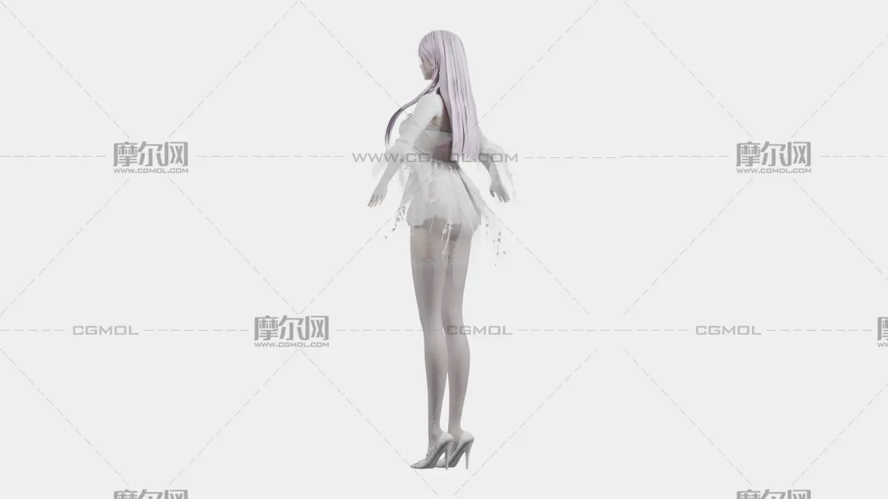 浅紫长发花饰白裙女孩,带骨骼绑定