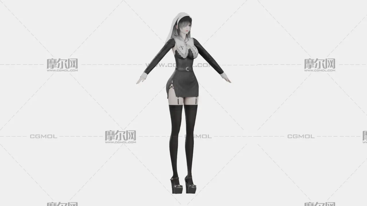 黑发黑白哥特女性角色,带骨骼绑定