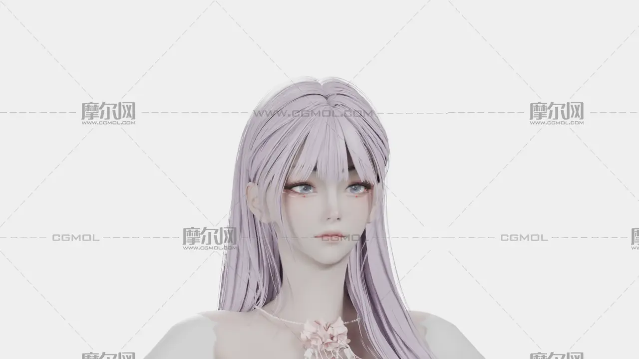 浅紫长发花饰白裙女孩,带骨骼绑定