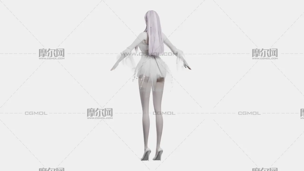 浅紫长发花饰白裙女孩,带骨骼绑定