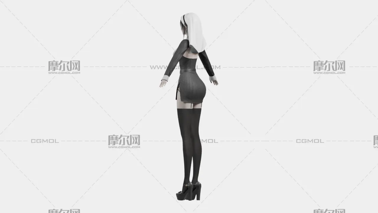 黑发黑白哥特女性角色,带骨骼绑定