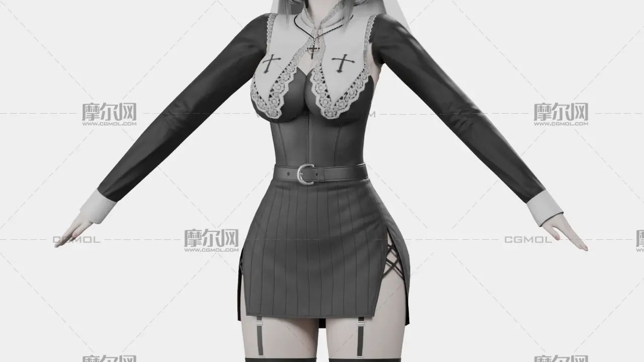 黑发黑白哥特女性角色,带骨骼绑定