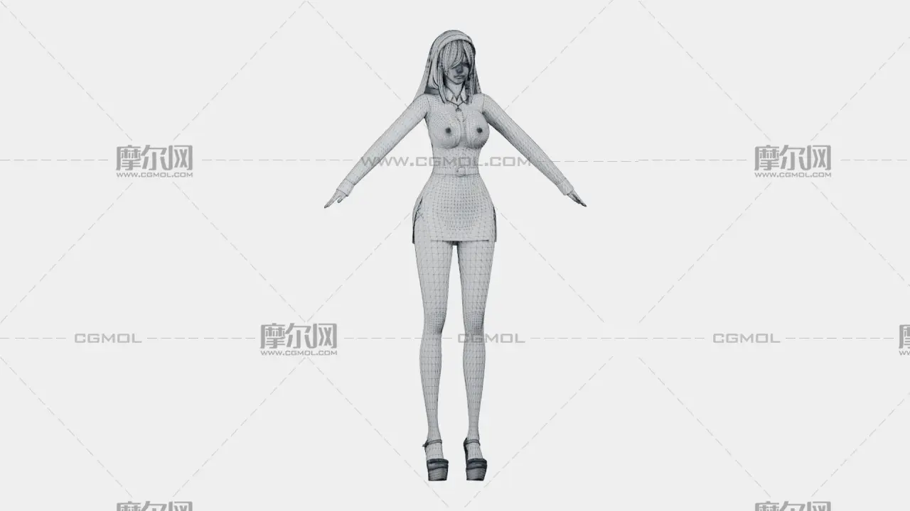 黑发黑白哥特女性角色,带骨骼绑定
