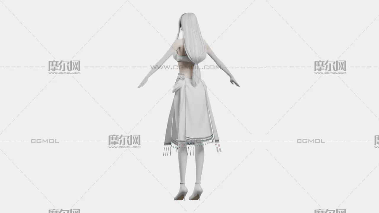 银白长发遮眼白裙幻想女性角色,带骨骼绑定