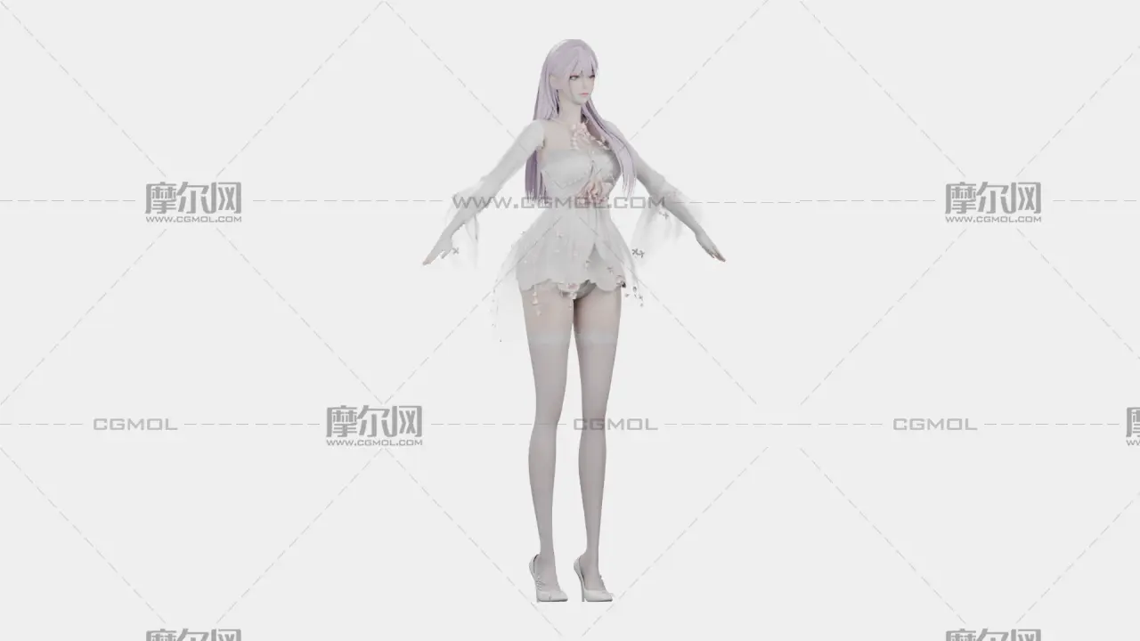 浅紫长发花饰白裙女孩,带骨骼绑定