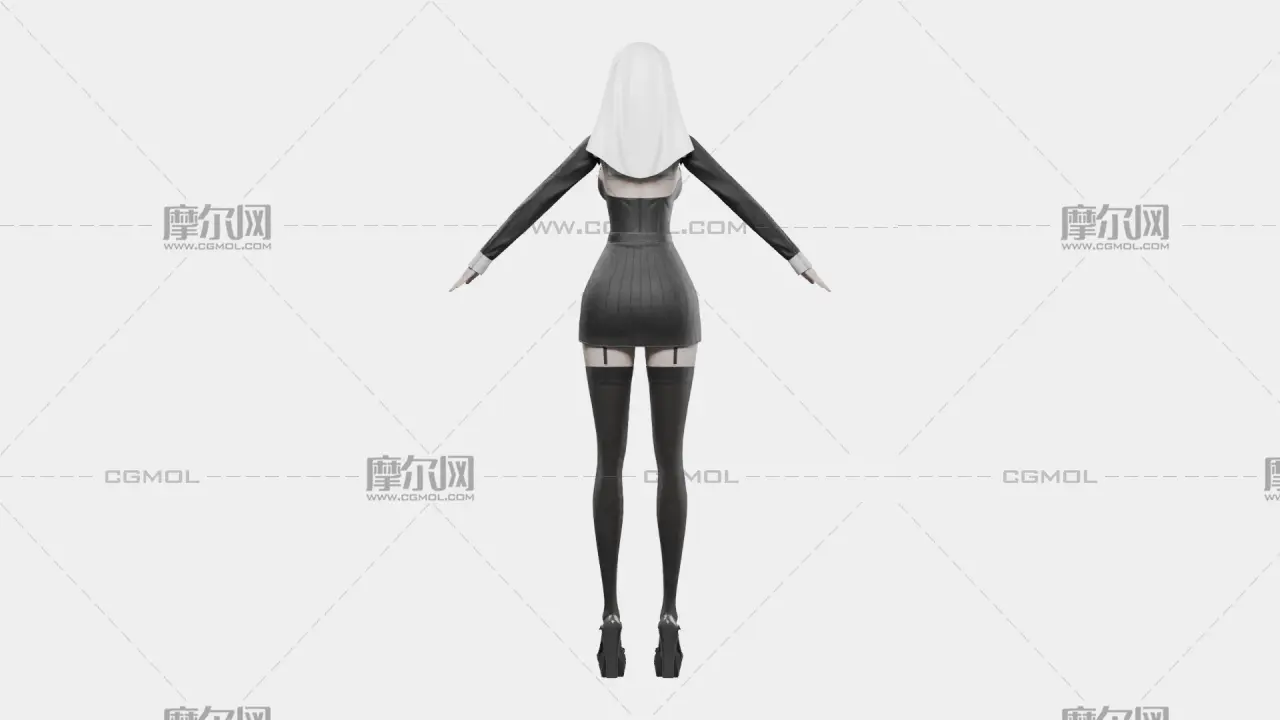 黑发黑白哥特女性角色,带骨骼绑定