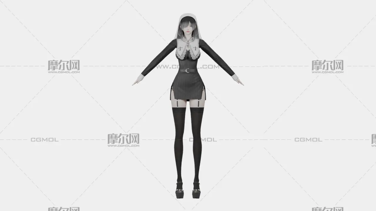 黑发黑白哥特女性角色,带骨骼绑定