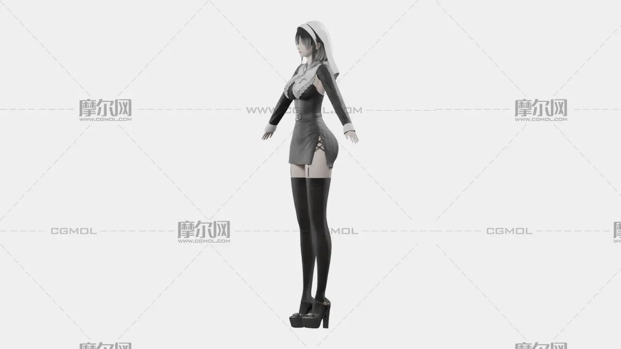 黑发黑白哥特女性角色,带骨骼绑定