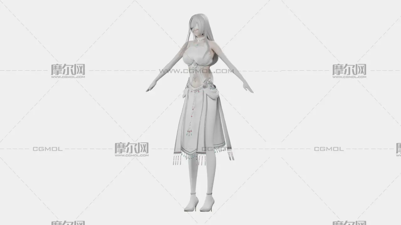 银白长发遮眼白裙幻想女性角色,带骨骼绑定